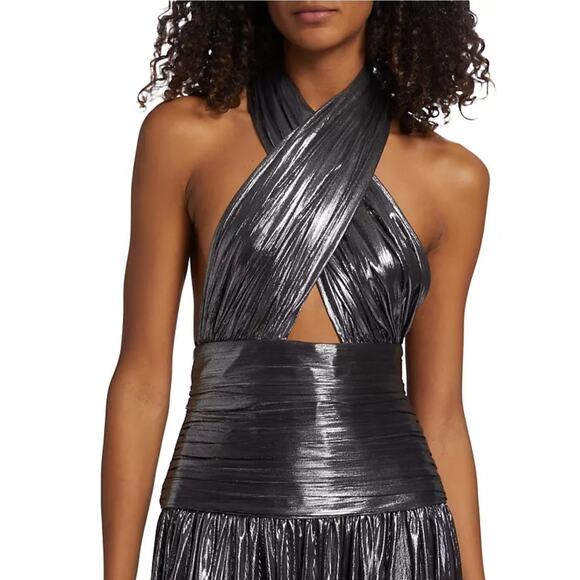 BRONX AND BANCO Metallic Dress Florence Halterneck Gown Cutout Gunmetal Gray 8 L - Picture 9 of 16